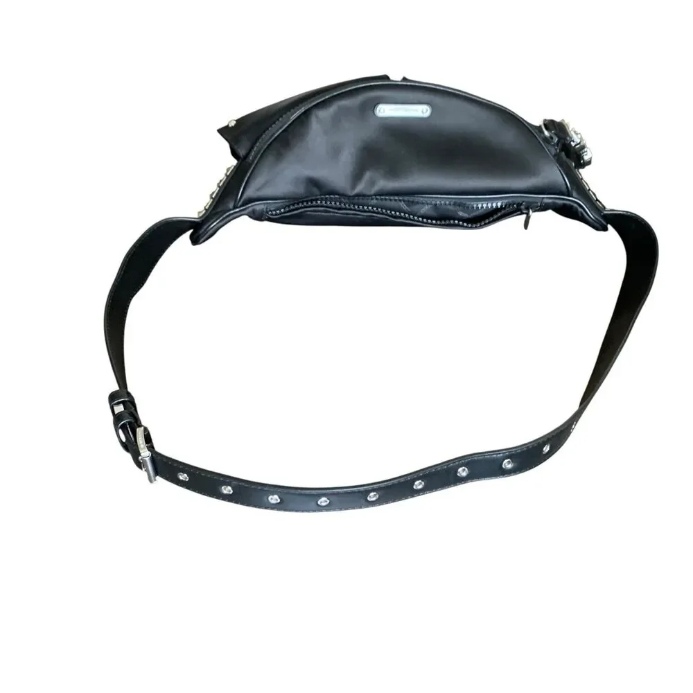Michael Kors Olivia Large Studded Satin Belt Bag Black Silver Zip Up Goth NWOT